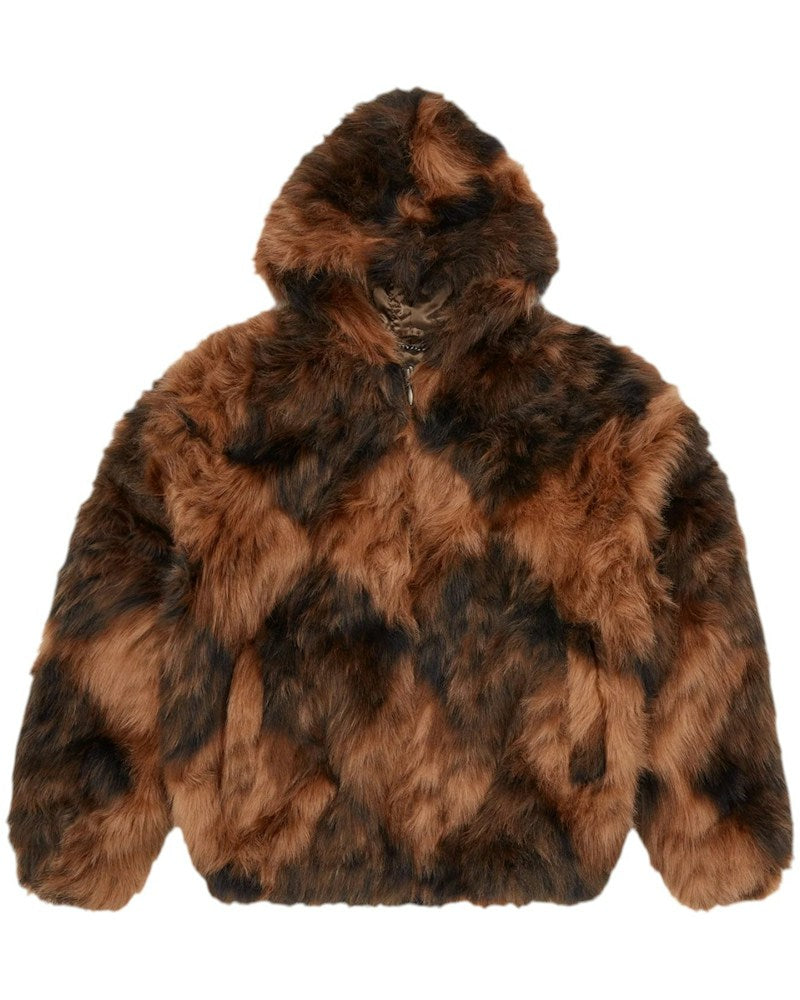 Corteiz Diamond Hooded Fur Jacket - Brown