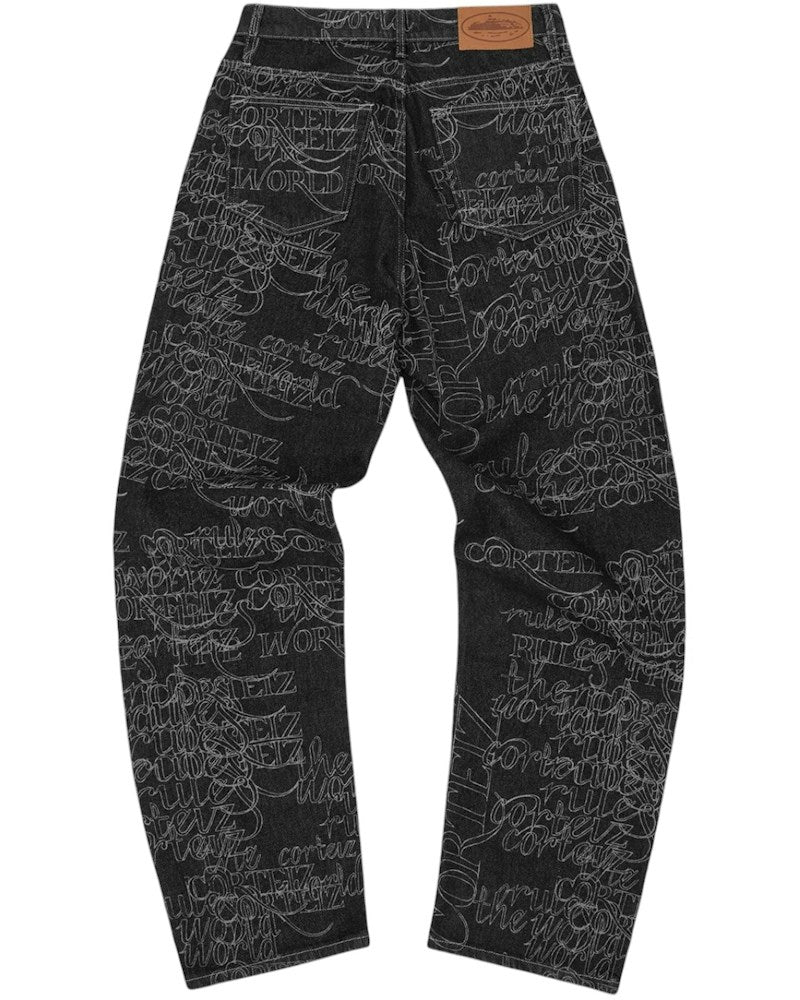 Corteiz Handwritten Denim Baggy Jeans - Black