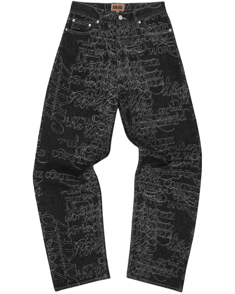 Corteiz Handwritten Denim Baggy Jeans - Black