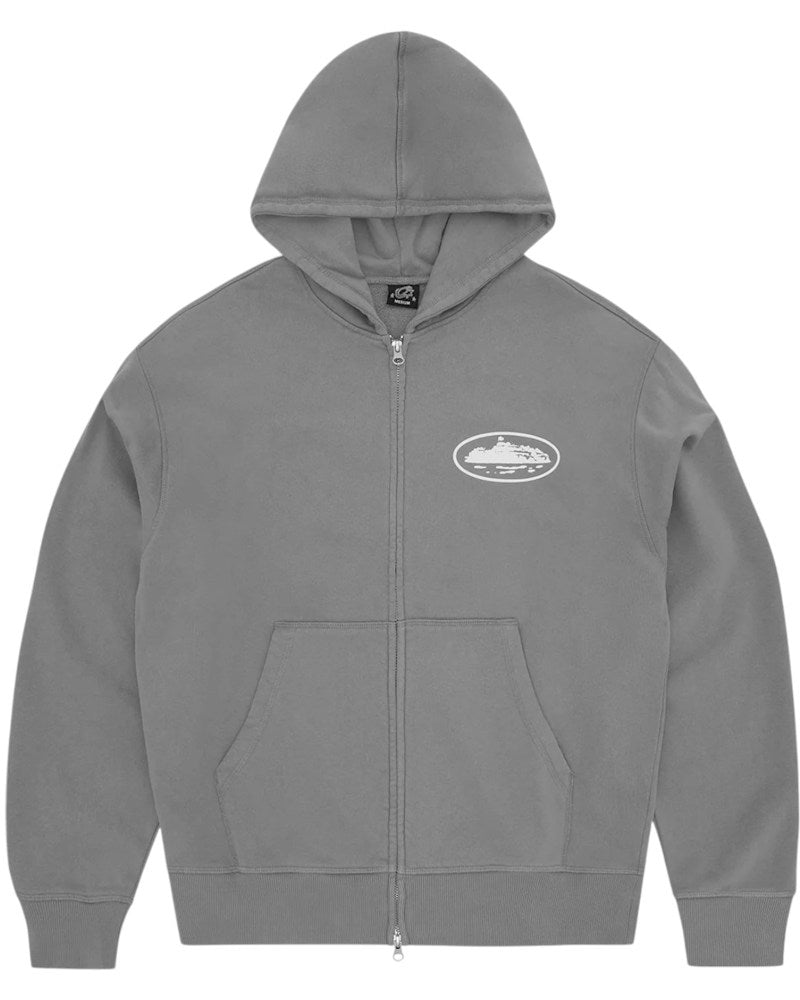 Corteiz Island Puff Print Zip Hoodie - Gully Grey