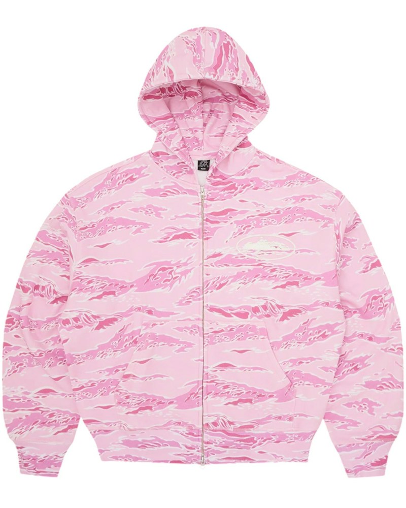 Corteiz Island Puff Print Zip Hoodie - Pink Tiger Camo