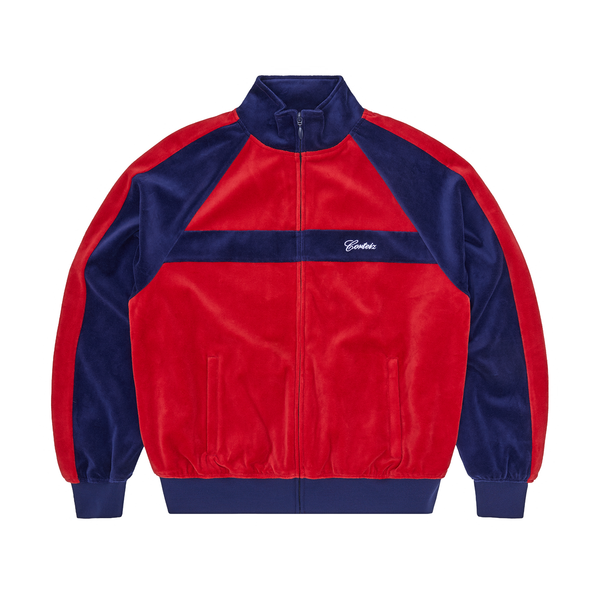 Corteiz Pista Velour Track Jacket - Navy/Red